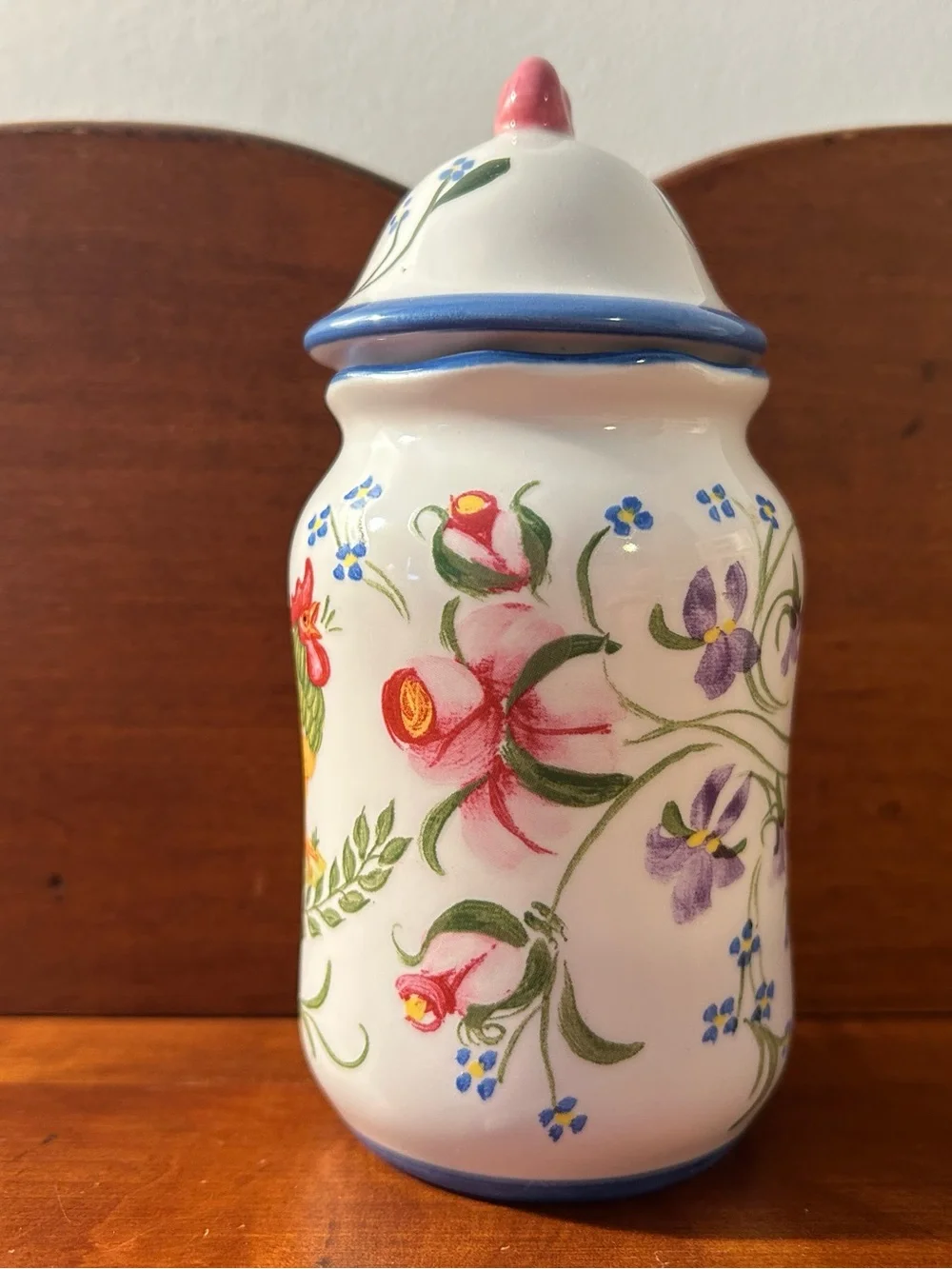 Hand-Painted Rooster Ceramic Canister - White with Multicolor Rooster